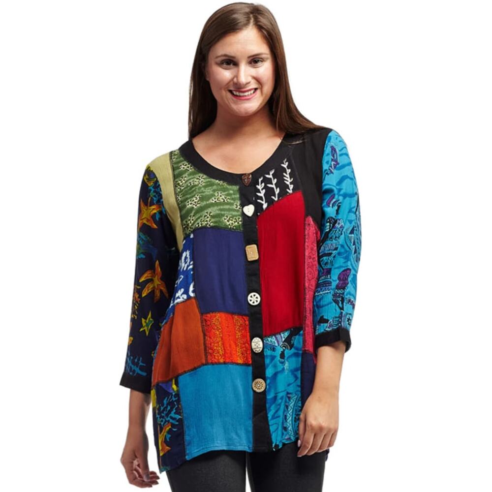 La‎ Cera Women Patchwork Button Pattern Front Tunic Top Artsy Size 4X Multicolor
